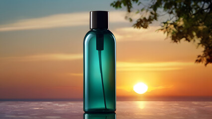 Bottle For cosmetic products tanning oil against sunset background summer theme