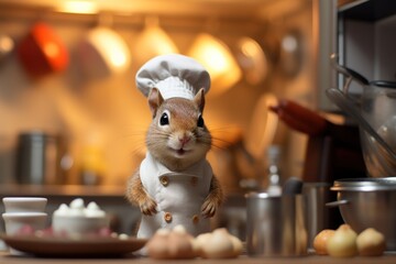 Squirrel as a chef cook in a restaurant kitchen.