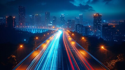 Long exposure night shot of busy highway