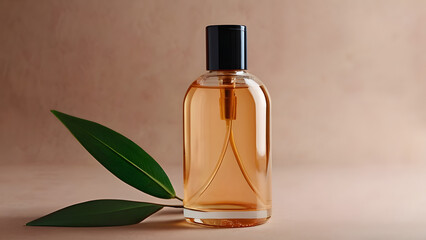 Transparent bottle for cosmetic products with a dispenser in peach tones with a plant leaf
