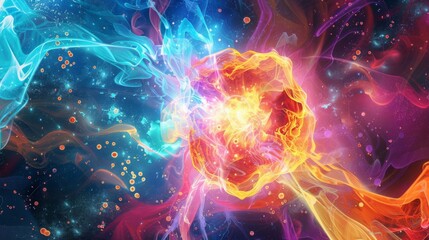 Fototapeta premium An abstract interpretation of nuclear fission, with colorful particles and energy waves, in a modern, vibrant art style 