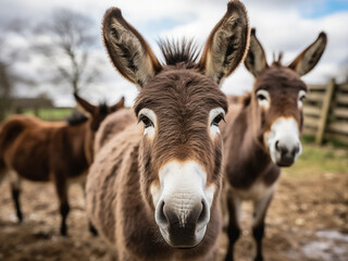 Cute and funny brown donkeys, domesticated members of the equidae family