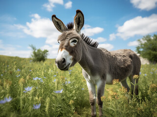 A donkey enjoys a sunny day in a field, part of an animal series