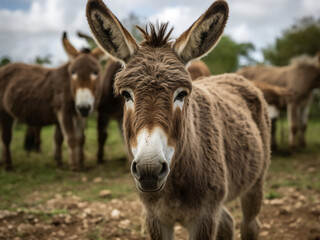 Adorable brown donkeys, domesticated equids, captured up close