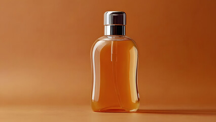 Bottle for cosmetic products with a transparent dispenser On a bright orange background