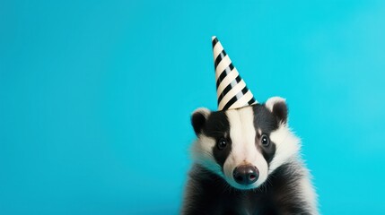 Fototapeta premium Funny badger with birthday party hat on blue background.