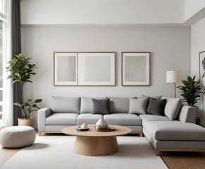 Frame mockup, ISO A paper size. Living room poster mockup. Modern interior design. Living room Interior mockup with house background. 3D render
