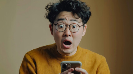 Fototapeta premium Young man with glasses and curly hair looks shocked while holding a smartphone, conveying surprise and disbelief at what he is seeing.