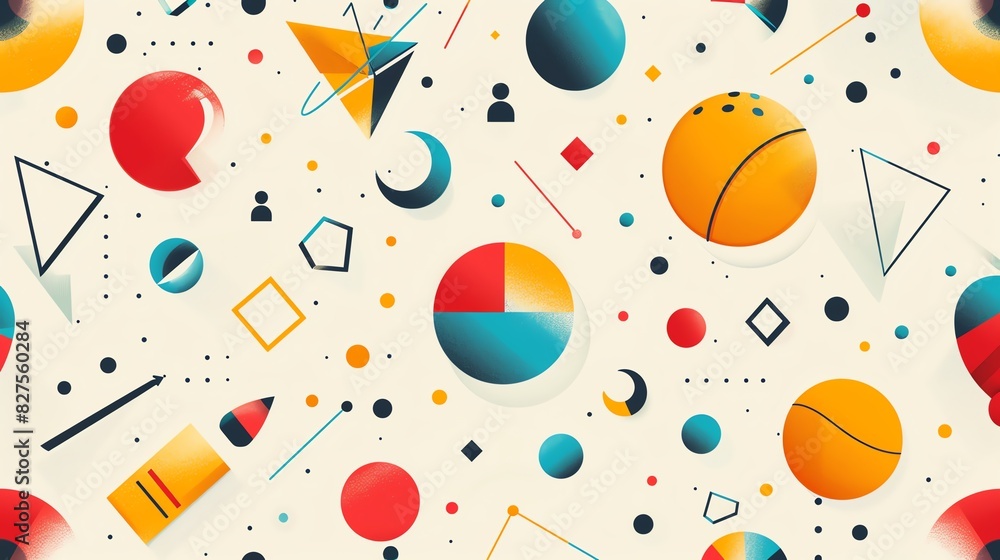 Poster colorful abstract geometric pattern with various shapes and objects on a light background, perfect f