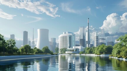 Fototapeta premium A small modular nuclear power plant seamlessly integrated into an urban environment, providing clean energy to the city, in a futuristic cityscape. --ar 16:9 --style raw