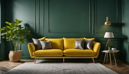 Modern living room with dark green wall background and yellow sofa - 3D
