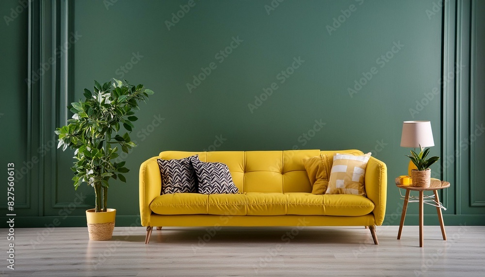 Wall mural Modern living room with dark green wall background and yellow sofa - 3D
