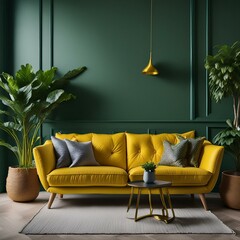 Modern living room with dark green wall background and yellow sofa - 3D
