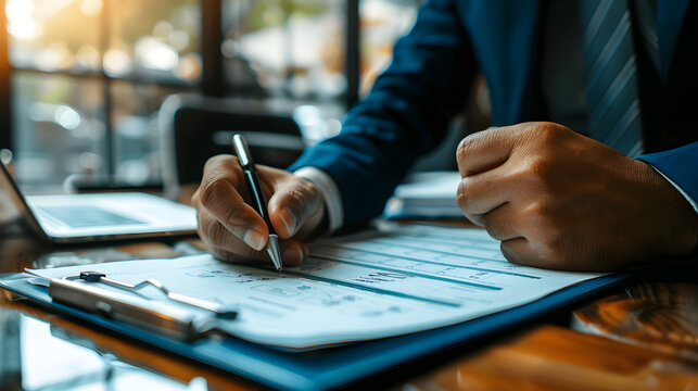 A dark-skinned businessman fills out a checklist on a digital form. Businessman signs a contract. November 30 is International Information Protection Day. October 20 is World Statistics Day