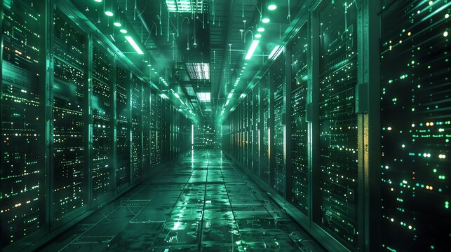 Futuristic data center with rows of advanced servers and technology. Green lights illuminate the path in this high-tech facility.