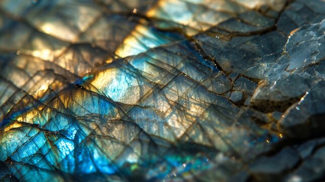 Iridescent Labradorite Close-Up Showing Smooth, Polished Surface with Cracked Texture and Blue, Green, and Gold Colors, Ideal for Jewelry Design and Geology Enthusiasts