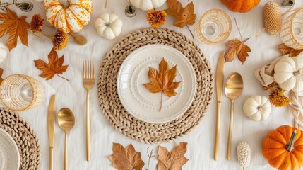 A Festive Thanksgiving Table Setting Featuring Crochet Decorations Including Pumpkins and Leaves, with a Golden Cutlery Set