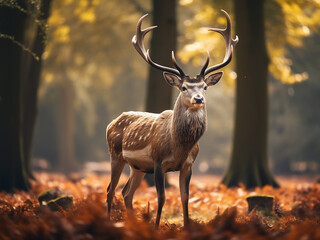 Majestic stag, adorned with antlers, bathed in autumn light