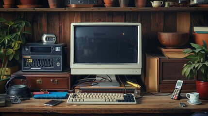 A vintage computer setup with a modern smartphone and gadgets, blending old and new technology 