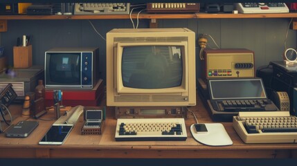 A vintage computer setup with a modern smartphone and gadgets, blending old and new technology 