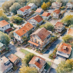 Watercolor old town illustration, bird's eye view