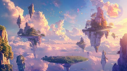 A whimsical AI-generated scene of a fantasy landscape with floating islands and mythical creatures, imaginative and vibrant  