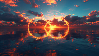 Visually captivating image featuring an infinity symbol glowing with the light of a vibrant sunset, perfectly reflected over a tranquil water surface, embodying the concept of endlessness and beauty