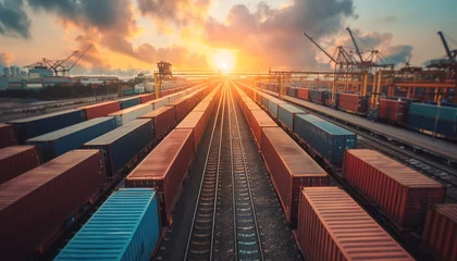 Naadloos Fotobehang Airtex A train yard with many different colored containers by AI generated image © chartchai