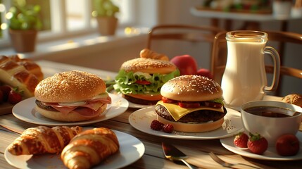 Sandwiches, hamburgers, croissants can be arranged as snacks, eaten with milk or coffee, beautifully arranged on plates. 