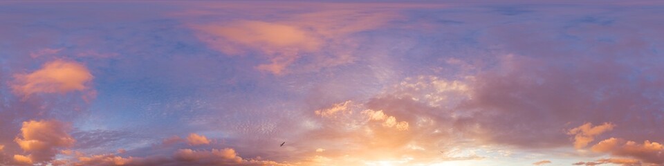 Obraz premium 360 panorama of glowing sunset sky with bright pink Cumulus clouds. HDR 360 seamless spherical panorama. Full zenith or sky dome sky replacement for aerial drone panoramas. Climate and weather change.