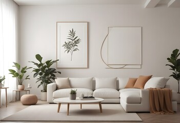 Fototapeta premium Frame mockup, ISO A paper size. Living room poster mockup. Modern interior design. Living room Interior mockup with house background. 3D render