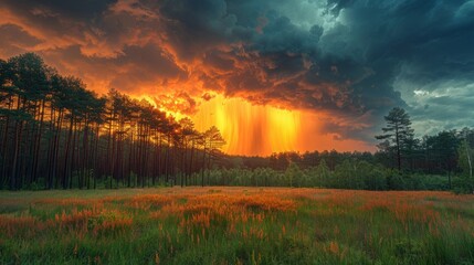 Fototapeta premium Dynamic image of a storm approaching a forest, emphasizing nature's power and growth response