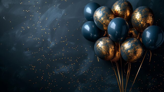 Elegant golden balloons on a black backdrop, designed for upscale party announcements