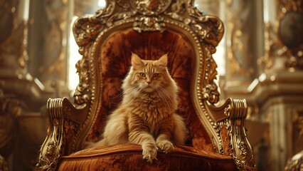 Fototapeta premium a majestic cat seated on an ornate, velvet-covered throne, a scene that's challenging to capture due to the regal yet whimsical nature
