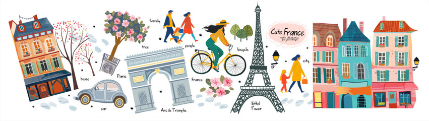 France and Paris. Vector cute illustrations of Eiffel tower, alleys, street, house, park, woman on bicycle, triumphal arch, car, people, family for card, poster or background © Ardea-studio