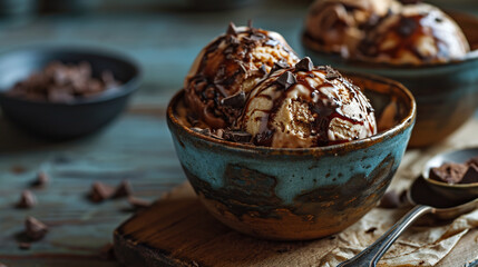 Delicious Artisanal Chocolate Ice Cream in Bowl On A Wooden Table With Spoon And Chocolate Truffles On Blurry Background