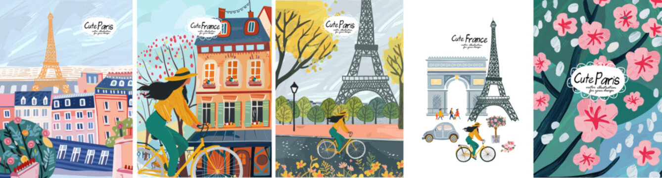 France and Paris. Travel.Vector cute illustrations of Eiffel tower, alleys, street, house, park, woman on bicycle, triumphal arch, alley, cherry or apple flowers on tree for card, poster or background