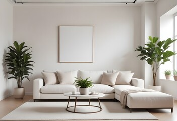 Frame mockup, ISO A paper size. Living room poster mockup. Modern interior design. Living room Interior mockup with house background. 3D render