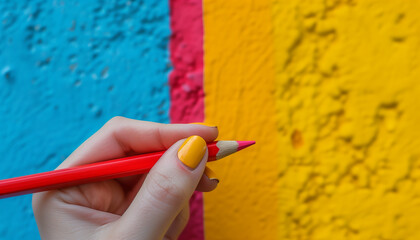 Vivid image capturing a left-handed individual holding a red pencil against a vibrant blue, pink, and yellow backdrop, celebrating international left-handers day with color and creativity