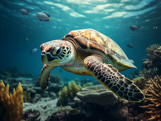 Obraz premium Beneath the ocean's surface, a graceful green sea turtle glides