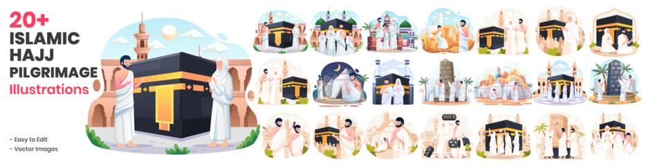 Mega Collection of Islamic Hajj Pilgrimage Illustrations. Muslim People Perform Hajj and Umrah. Muslim Hajj Characters Wear Ihram Clothes With a Kaaba Background