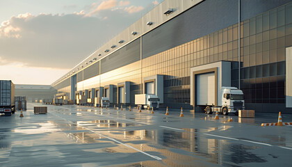 A large warehouse with many trucks and a lot of boxes by AI generated image