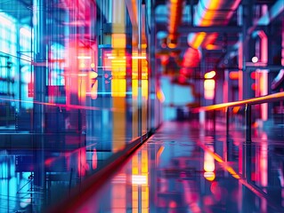 Abstract image of a colorful, modern urban environment with reflective surfaces and vibrant lights at night, showcasing futuristic architecture.