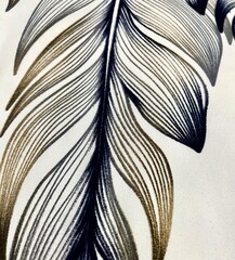 Close up black and brown colored leaf pattern isolated on vertical white fabric cloth textured material background.