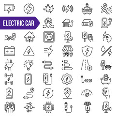 Electric car icons set. Charging signs set. Linear style. Vector illustration.