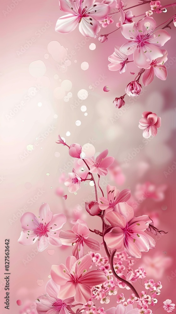 Poster pink background adorned with delicate flowers in bloom and floating bubbles