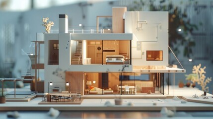3d small house model on architecture floorplan created with Generative AI