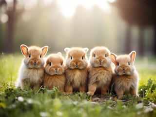 Fototapeta premium Cute baby bunnies enjoy Easter ambiance on green grass