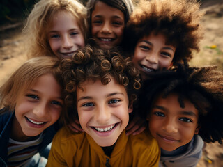 Obraz premium Children of various cultures snap a countryside selfie with friends