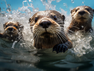 Wet from their aquatic adventures, Asian small-clawed otters swim playfully